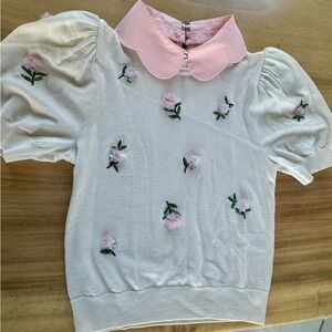 Alice + Olivia White Blouse with Pink Collar